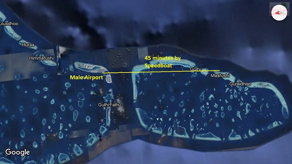 Speedboat route map: Male Airport to Guraidhoo, Maafushi and Himmafushi